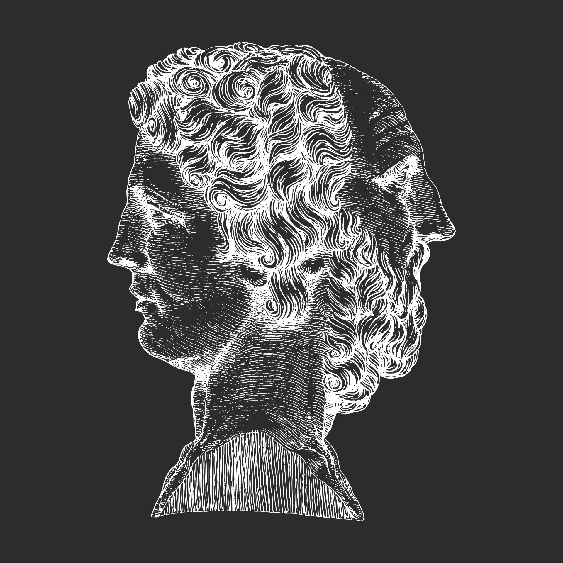 Engraving of a two-faced classical head, one face looking left and one looking right